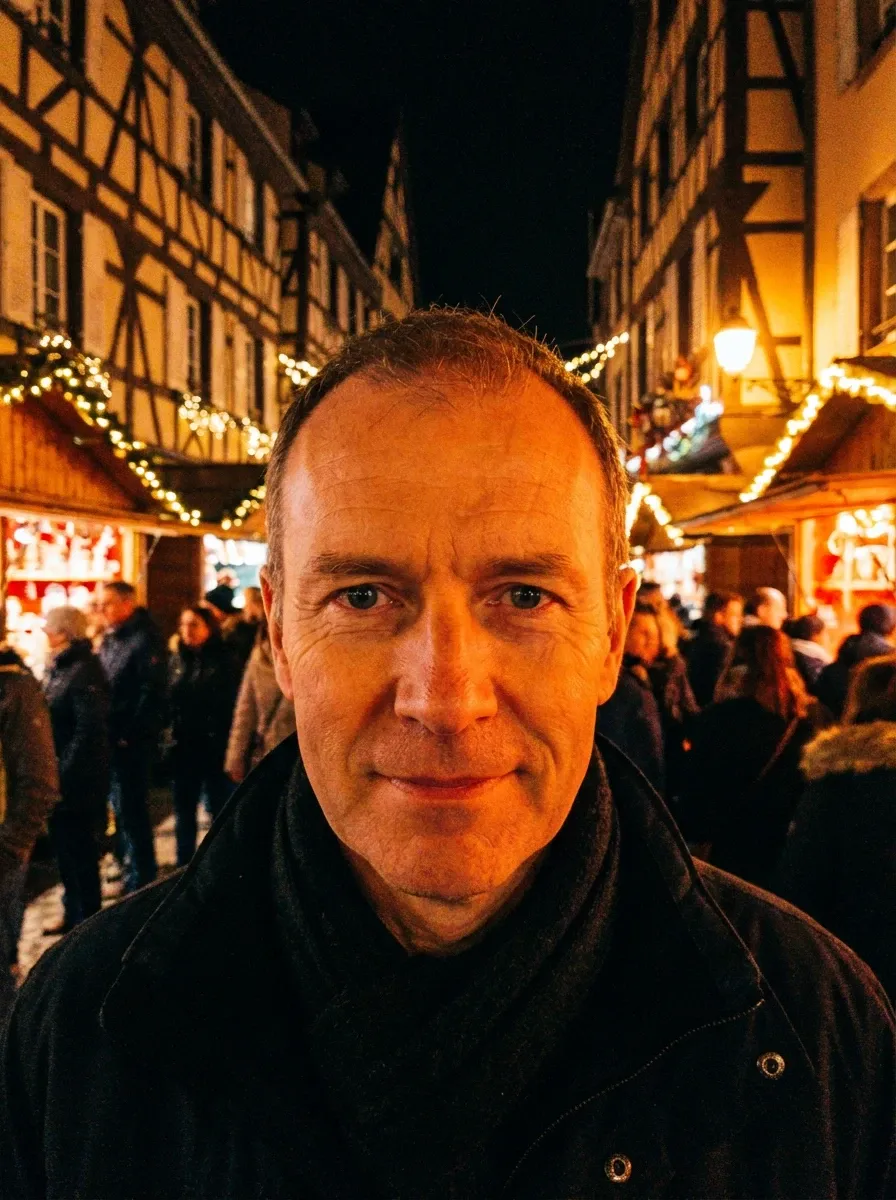 Original selfie input — man in a dark coat on a night street